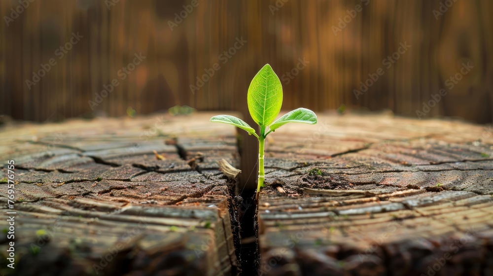 Simplified Text:** Growing a successful business involves both renewal (removing old practices) and development (introducing new ones). This is symbolized by a cut-down tree trunk where a thriving sap - obrazy, fototapety, plakaty 