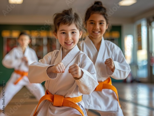 Two young girls in karate uniforms with orange belts performing martial arts forms with focus and enjoyment.