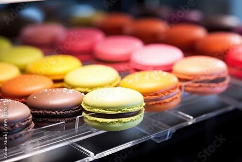 Selective focus on a rack of cooling macarons.