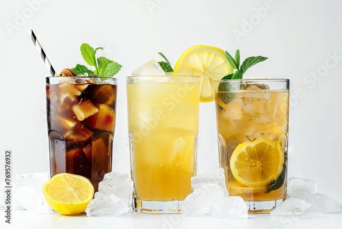 Refreshing Summer Cocktails, Lemonade and Iced Coffee on White, Drink Photography