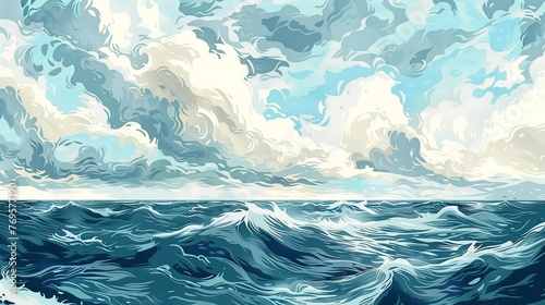 This vector art features an abstract seascape with a stormy sky and clouds. The design is suitable for interior decor, flyers, posters, covers, and banners. It is a modern hand-drawn painting perfect  photo