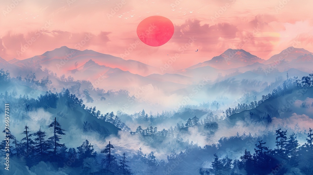 Tranquil painting of sunrise over a misty forest, with mountains in distance and a vibrant sky. Created in traditional Japanese ink style. - obrazy, fototapety, plakaty 
