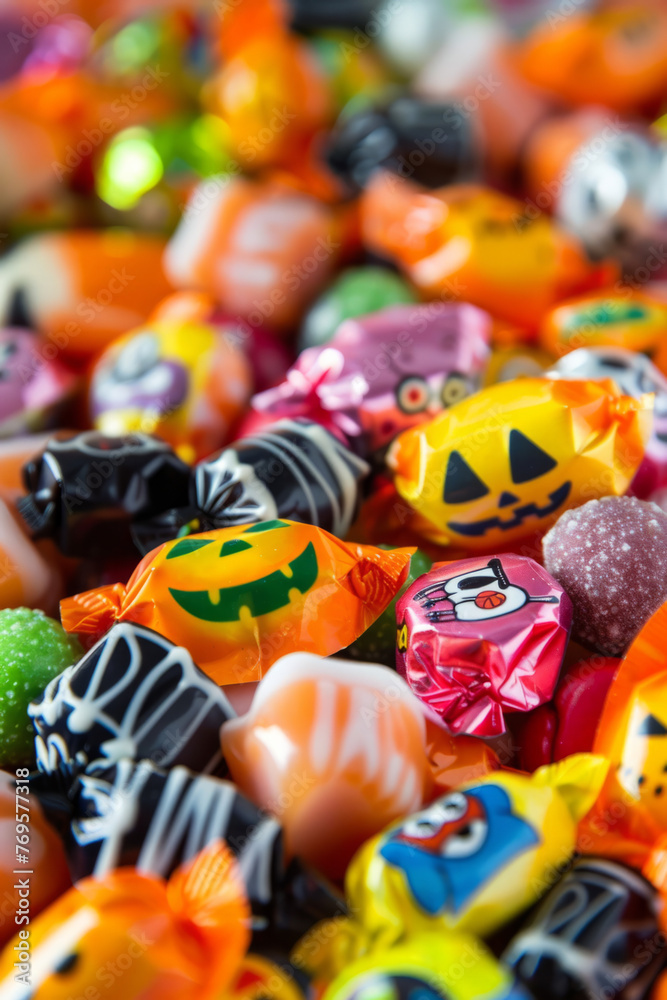 An abundance of colorful Halloween candies filling the background