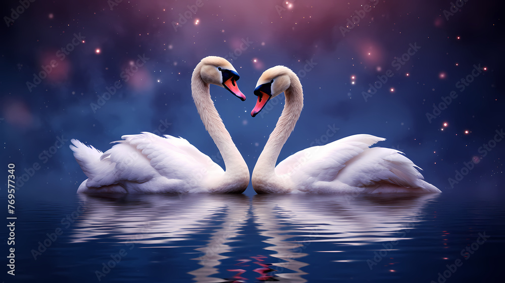 Fototapeta premium White swans in love on peaceful water background