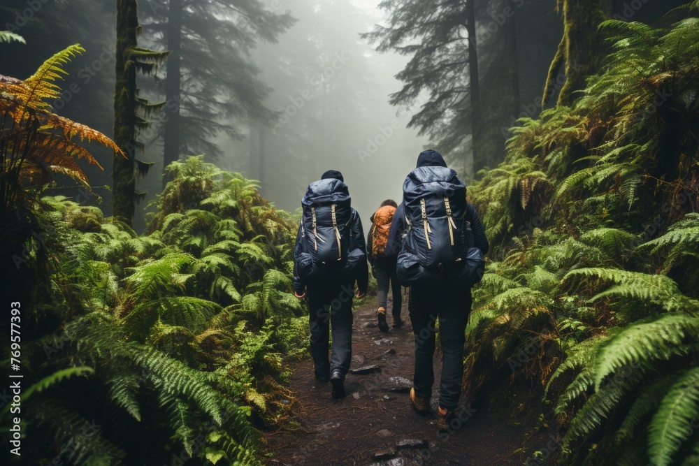 lumberjacks work in a dense forest, felling tall redwood trees