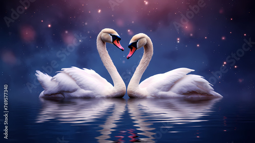 White swans in love on peaceful water background