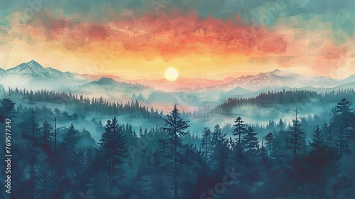 Tranquil painting of sunrise over a misty forest, with mountains in distance and a vibrant sky. Created in traditional Japanese ink style. photo