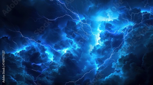 Vibrant blue bursts of lightning illuminating a dark background