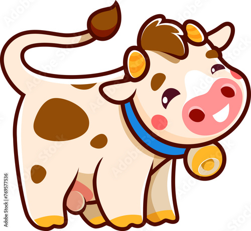 Cartoon cow character with bell, cute farm animal for kids, isolated vector. Happy funny cow with udder and cowbell for dairy beverage product or baby food and kids print