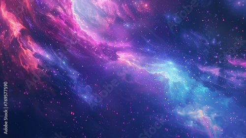 Vibrant galaxy background with twinkling stars. Hues of purple, blue, and pink create a mesmerizing night sky scene.