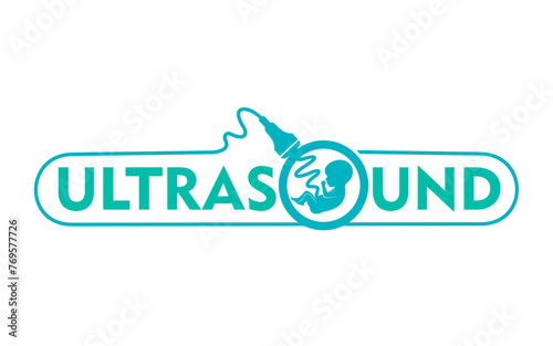 Ultrasound icon, features baby fetus profile within round frame, sensor and bold typography. Isolated vector emblem for clinic, health care and medical ultrasonography service or pregnancy diagnostics