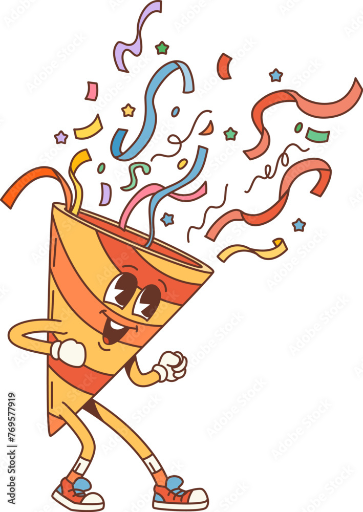Retro cartoon groovy party popper character. Cute vector vintage personage with funny face, spreading happiness at birthday party celebration, creating comic and surprising congratulation atmosphere