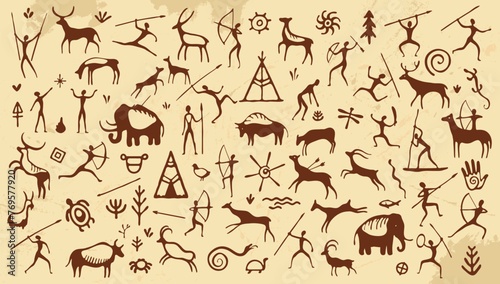 Prehistoric cave painting, ancient stone drawing. Vector background with primitive caveman sketches, symbols of hunters, mammoths, animals, plants and ornaments. Petroglyph illustrations on rock wall © Vector Tradition