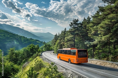 Spacious intercity bus traveling along a scenic highway route, transportation and travel concept