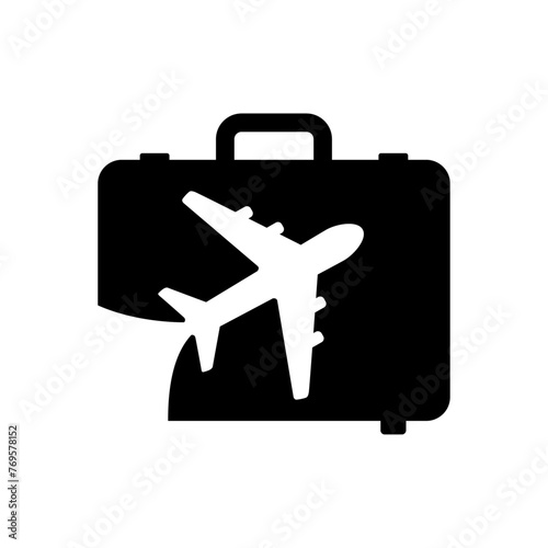 Logo travel. Silueta de maleta de viaje con avión en espacio negativo para agencia de viajes