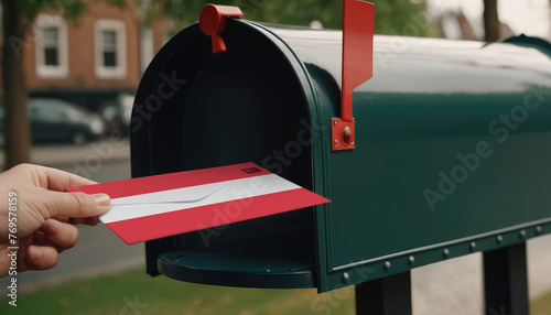 Close-up of person putting on letters with flag Austria in mailbox