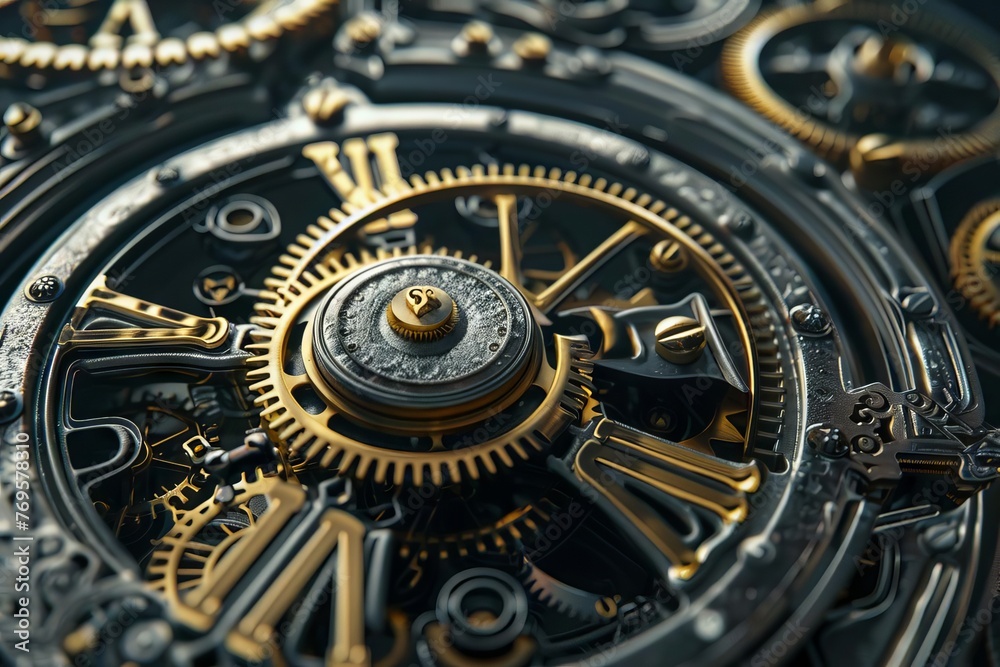 Vintage Steampunk Gears and Clock Mechanism, Industrial Revolution Concept, 3D Rendering