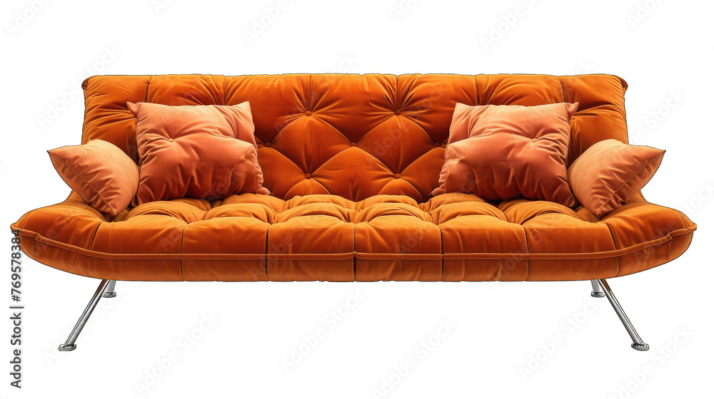 Fototapeta premium Stylish Retro Orange Convertible Sofa with Tufted Backrest and Chrome Legs Isolated on White Background - Quality Cut Out Image for Design Projects