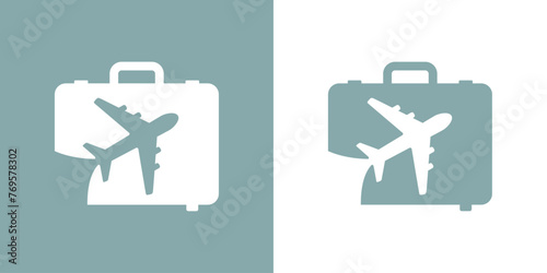 Logo travel. Silueta de maleta de viaje con avión en espacio negativo para agencia de viajes