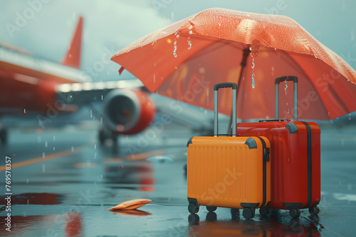 umbrella cover and airplane suitcases . Travel insurance business concept