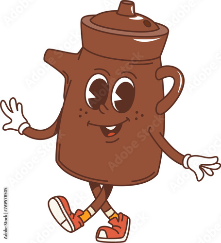 Cartoon japanese soy sauce bottle groovy character. Isolated vector funky, ceramic kettle personage with a wide grin, dances energetically with grove moves, exuding cool vibes at japan food restaurant