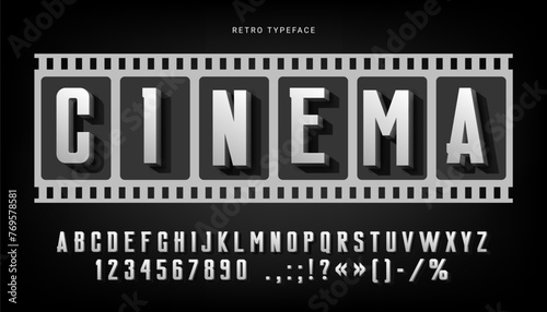 Old movie font or retro cinema type of film poster typeface, vector vintage English alphabet. Hollywood movie font or cinema theater noir screen typography letters with black shadows in filmstrip © Vector Tradition