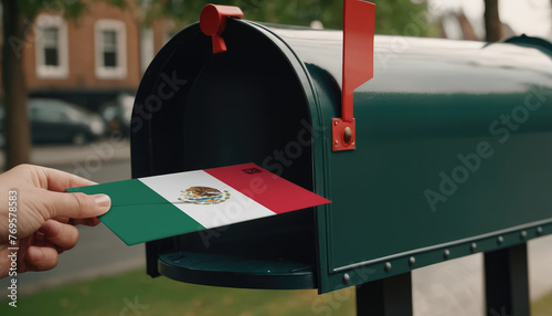 Close-up of person putting on letters with flag Mexico in mailbox