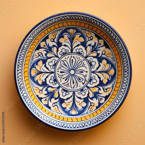 Decorative Moroccan ceramic hand painted plate, handmade, isolated, closeup top view. © Slanapotam