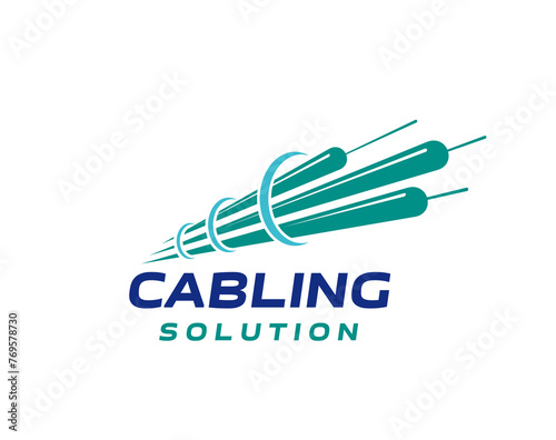 Fiber optic cable telecommunication icon. Isolated vector emblem with dynamic fibre wire broadband strand. Label for internet high-speed connection, fast data transmission and networking technology