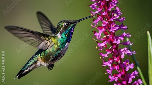 Flying Hummingbird surrounding and feeding on a flower. © ASGraphicsB24