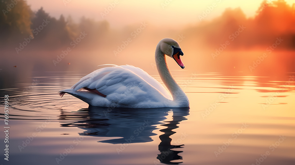 White swans in love on peaceful water background