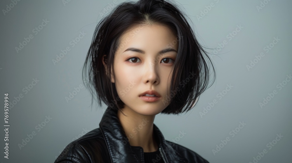 Portrait of a Striking Asian Woman with Bob Hairstyle in Leather. Generative AI.