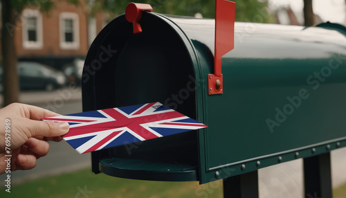 Close-up of person putting on letters with flag United Kingdom in mailbox