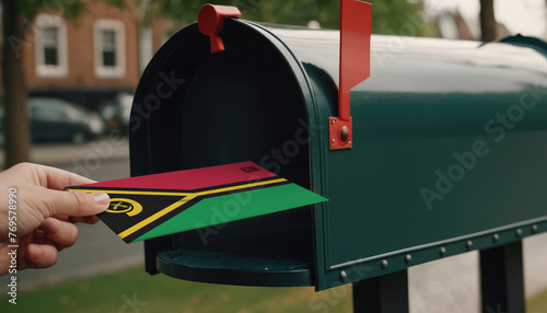 Close-up of person putting on letters with flag Vanuatu in mailbox