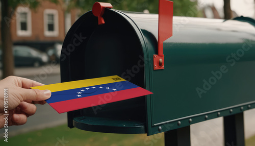 Close-up of person putting on letters with flag Venezuela in mailbox
