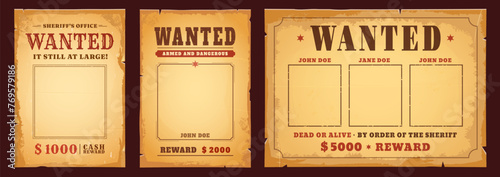 Western wanted banners with reward. Dead or alive vintage poster vector templates. Wild West cowboy or Texas criminal wanted signs with blank photo frames and bounty on old paper texture background photo