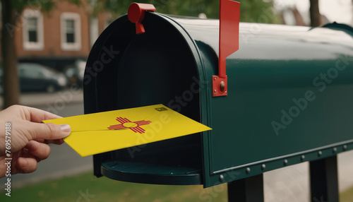 Close-up of person putting on letters with flag New Mexico in mailbox photo