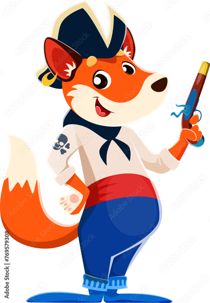 Cartoon funny fox animal pirate sailor character. Isolated vector sea corsair personage with charismatic smile, tricorn hat, neck bandana, skull and pistol gun in hand, exuding roguish vulpine charm Cartoon funny fox animal pirate sailor character. Isolated vector sea corsair personage with charismatic smile, tricorn hat, neck bandana, skull and pistol gun in hand, exuding roguish vulpine charm