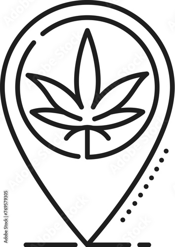 Cannabis location line icon for medical marijuana or CBD weed store, vector symbol. Medical cannabis drug store or pharmacy and coffeeshop location icon with marijuana sativa leaf in point pin