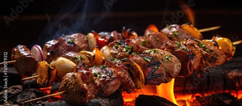 A variety of meat and vegetables are sizzling on the grill, creating a delicious spread of finger food for the event. The enticing aroma adds to the entertainment of the cooking process