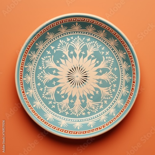 Decorative Moroccan ceramic hand painted plate, handmade, isolated, closeup top view.