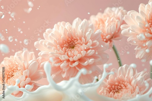 Beautiful Pink Flowers Splashing in Milk with Water on Pink Background Creative Floral Abstract Composition