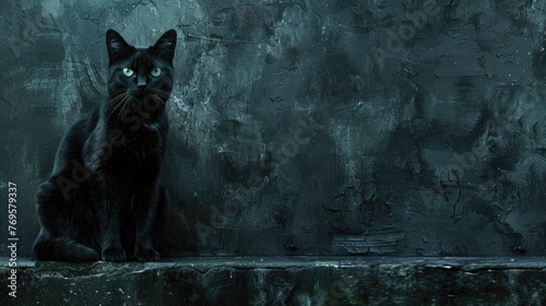 A black cat with piercing green eyes sitting regally against a dark textured backdrop