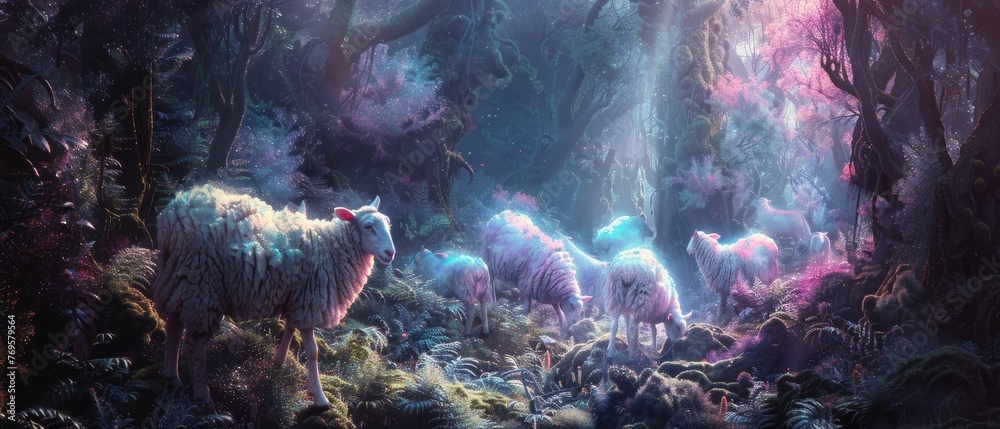 A magical scene of sheep with iridescent wool frolicking in an enchanted forest - obrazy, fototapety, plakaty 