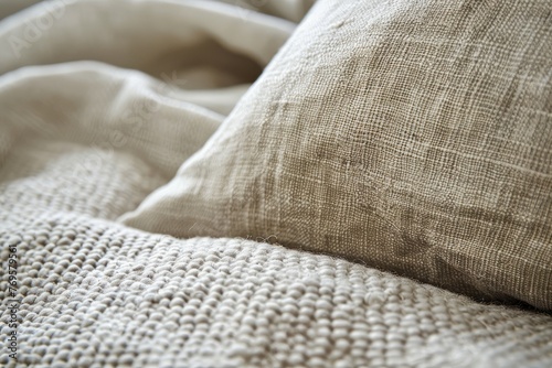 A macro shot of a pillows texture and the softness of bed linens focusing on the materials that contribute to a restful sleep environment