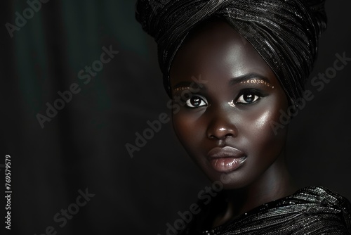 A minimalist portrait of an African woman adorned in traditional elegant black attire