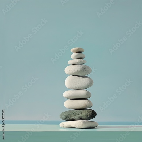 A minimalist composition of smooth stones stacked against a serene soft blue backdrop