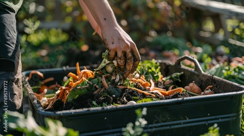 Hands diligently compost food waste into compost bin in backyard garden, fostering sustainability and eco-consciousness. Environmental stewardship, promoting organic recycling and soil enrichment
