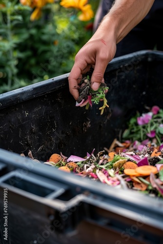 Hands diligently compost food waste into compost bin in backyard garden, fostering sustainability and eco-consciousness. Environmental stewardship, promoting organic recycling and soil enrichment