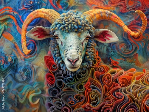Psychedelic sheep with swirling vivid wool patterns in an abstract